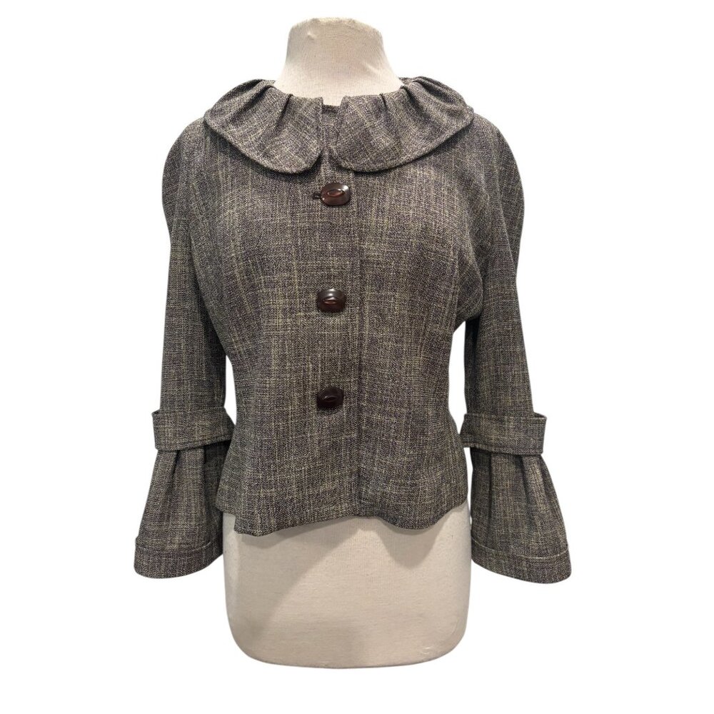 Biacci Tweed Jacket Womens L Bell Sleeve Peter Pan Collar Brown Chic - Picture 2 of 10